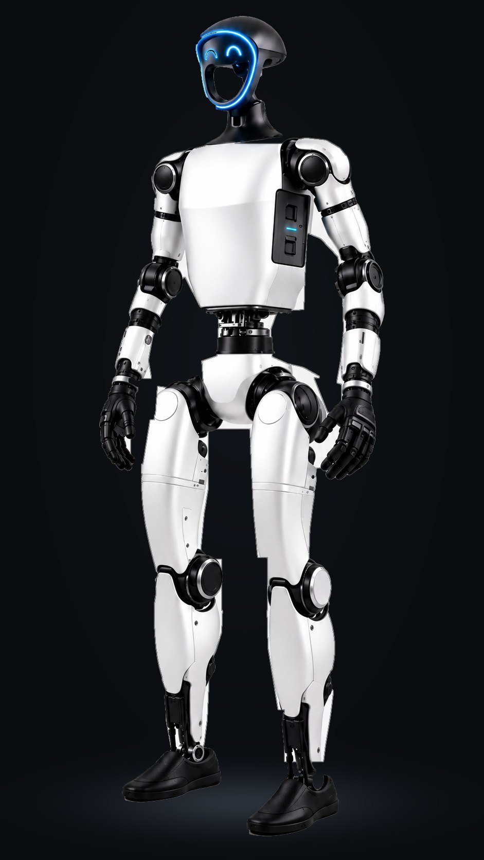 Humanoider Roboter mit weißer Verkleidung und leuchtendem Gesicht